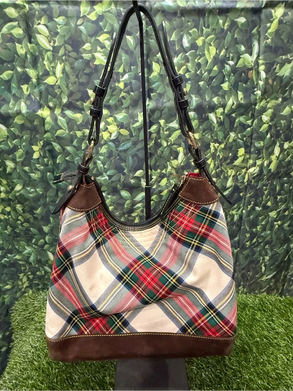 Dooney & Bourke Tartan Large Erica Hobo Shoulder Bag Cream/White Plaid Multi